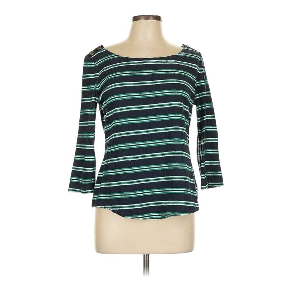 Banana Republic Top Shirt Womens Size Large Black & Green Striped 3/4 Sleeves - Picture 1 of 7